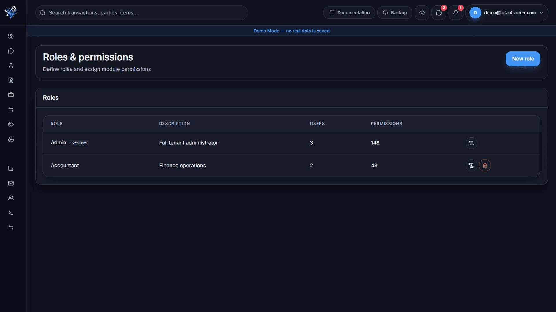 Afaq Finance settings and permissions screen