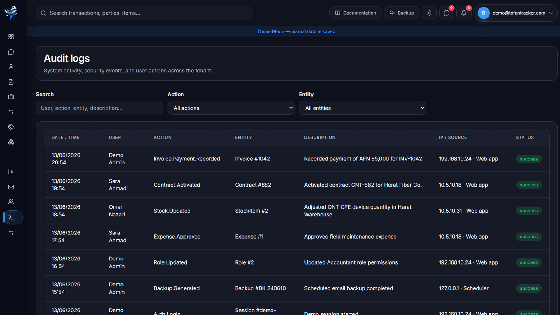 Afaq Finance audit logs screen